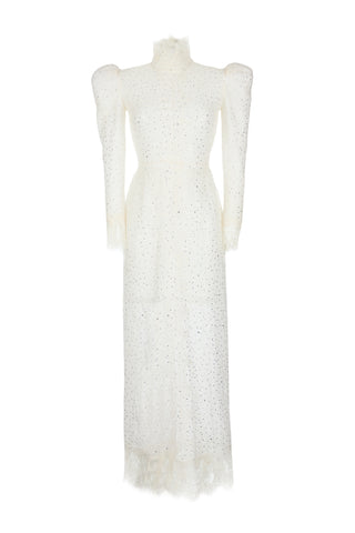 High-Neck Down Lace Maxi Dress with Puff Sleeves
