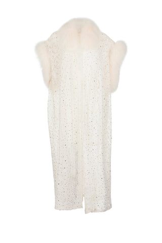 Down Lace Crystal Cardigan with Short Sleeves and Fox Fur Trim