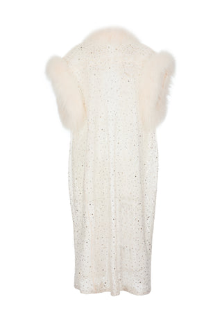 Down Lace Crystal Cardigan with Short Sleeves and Fox Fur Trim