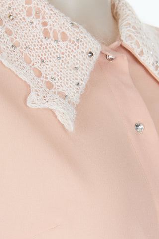 Shirt with Down Lace Crystal Collar and Cuffs